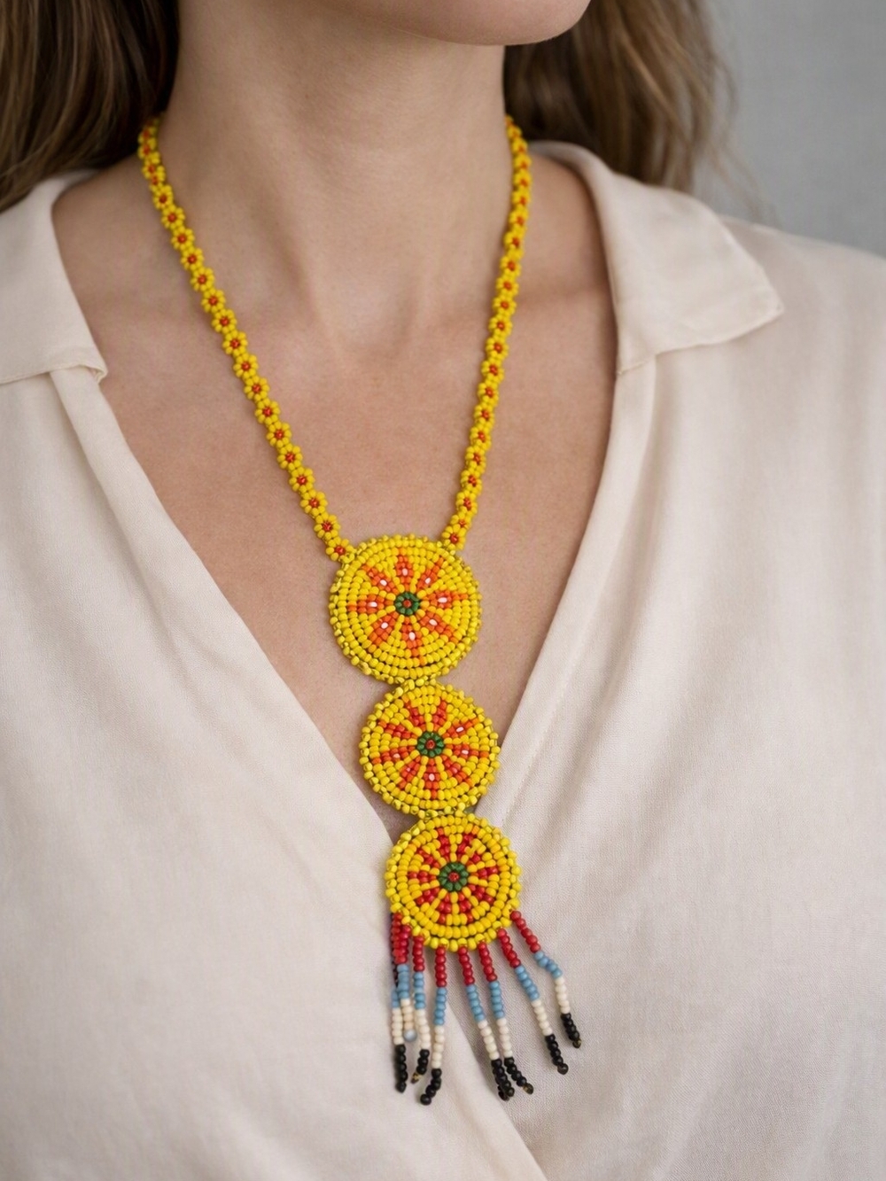 Native Seed Bead Necklace Leather Back 36 Inch Handmade Multicolor Medallion